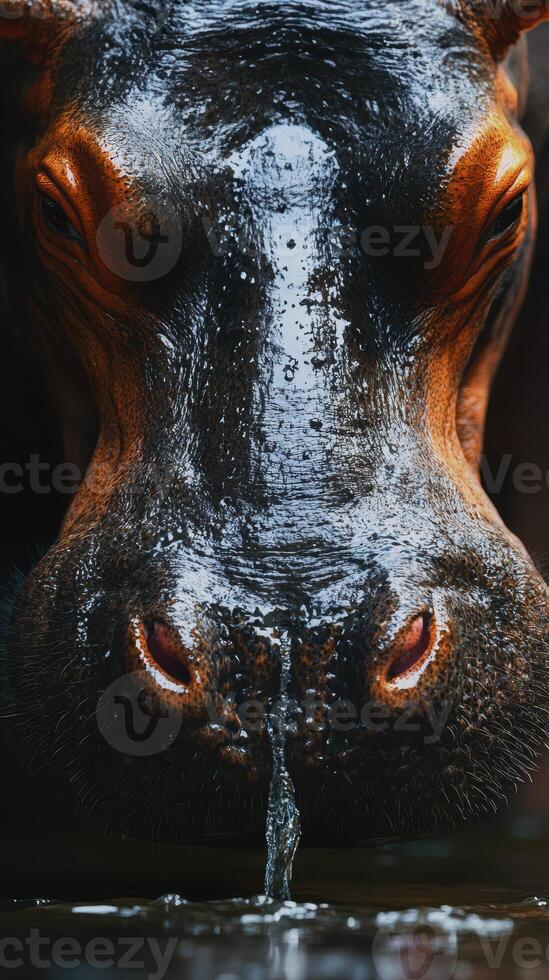 Close-up view of a hippo drinking water in a natural habitat during a sunny day photo