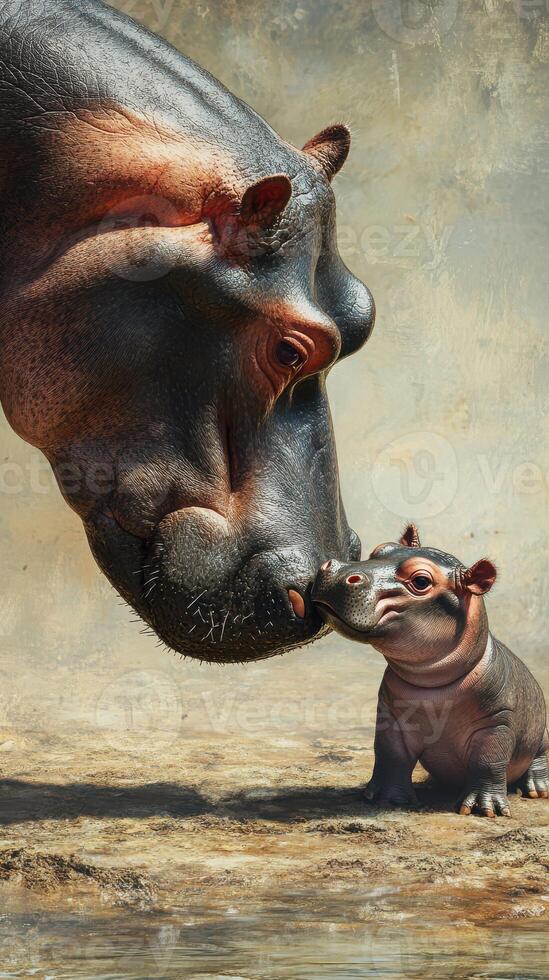 Hippopotamus mother and calf sharing a tender moment by the water in a serene landscape photo