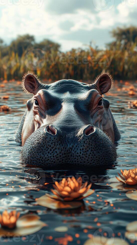 Hippo relaxing among water lilies in a serene wetland habitat during a bright sunny afternoon photo