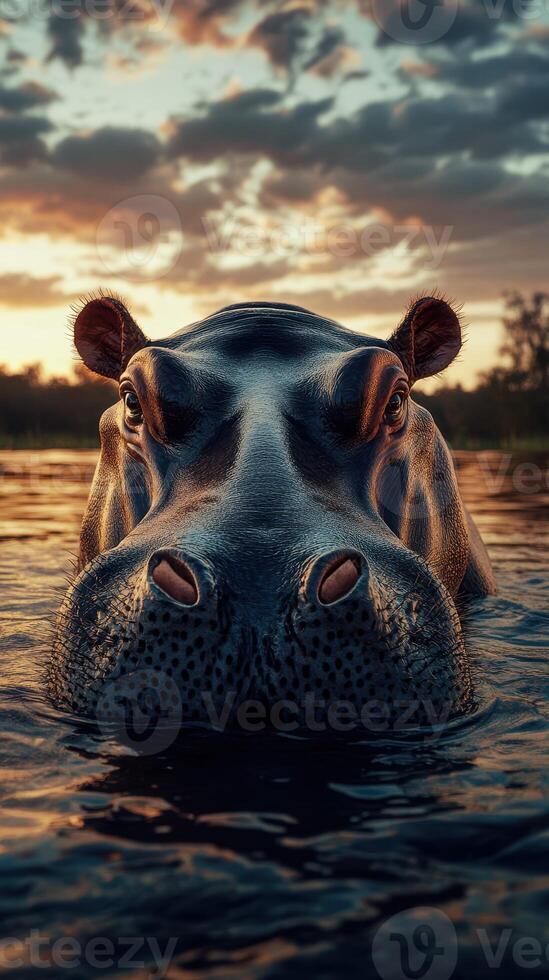 Hippo emerging from water at sunset in a serene natural habitat photo