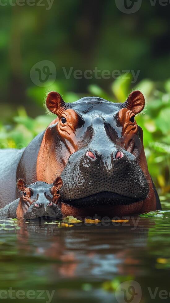 Mother hippopotamus and her calf resting peacefully in a serene river setting at dawn photo