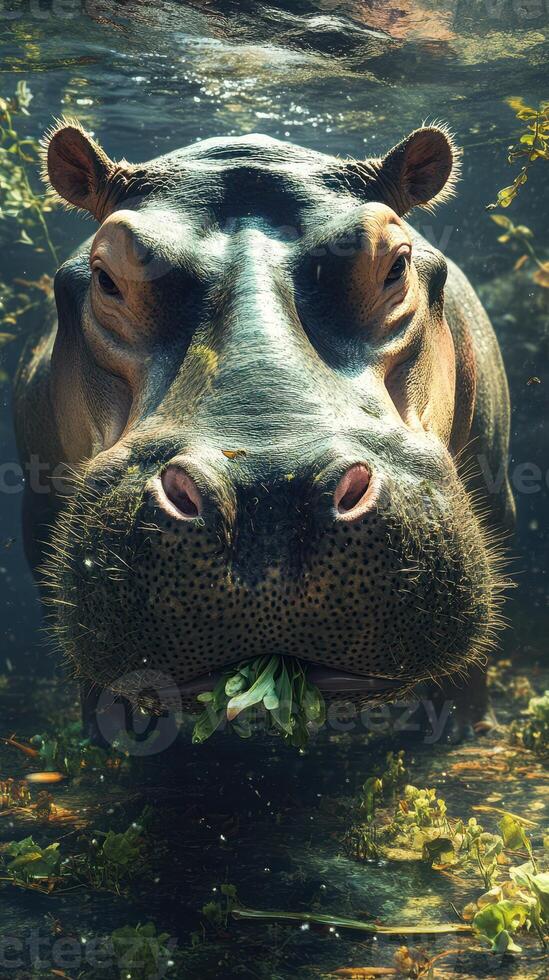 Hippopotamus underwater in a lush habitat enjoying greenery during a serene day photo