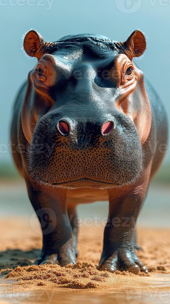 Hippo stands majestically by the water's edge in bright sunlight, showcasing strong features and curious expression in a natural habitat photo
