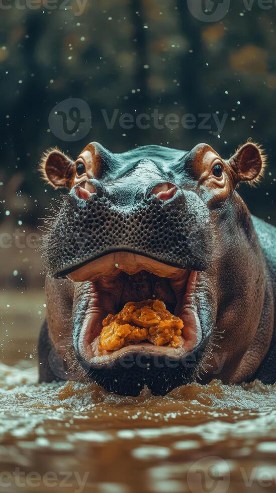 Hippo enjoys its meal while submerged in muddy water at a riverbank during a sunny afternoon photo
