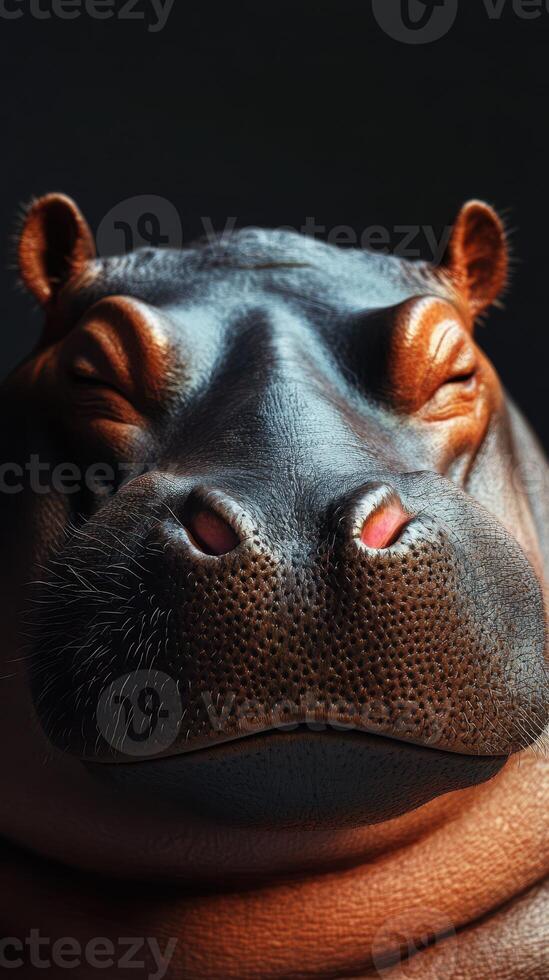 Realistic depiction of a hippo showcasing detailed textures and features in soft lighting against a dark background photo