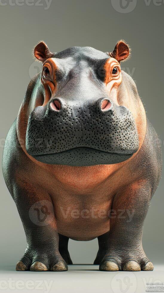Realistic depiction of a hippo standing in a neutral setting showcasing its distinct features and robust physique photo