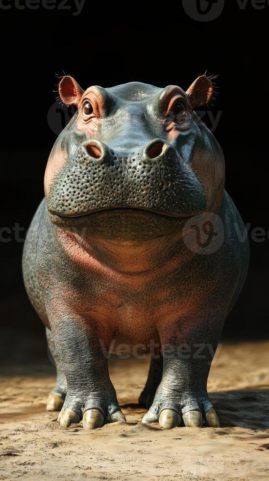 Hippopotamus standing confidently in a sunlit area, showcasing detailed features and textures photo
