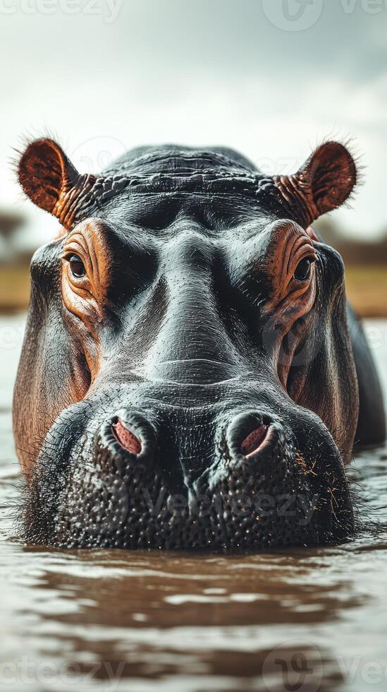 Close encounter with a hippo in a tranquil river setting during a cloudy afternoon photo