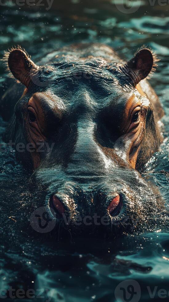 Hippo rests in water as sunlight highlights its features in a serene environment photo