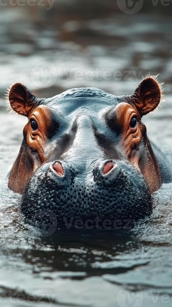 Close encounter with a hippo enjoying a serene moment in a tranquil water habitat during daylight photo
