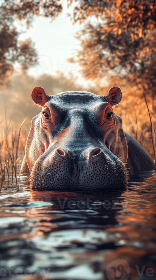 Hippo partially submerged in water among tall grass at sunset by a riverbank photo