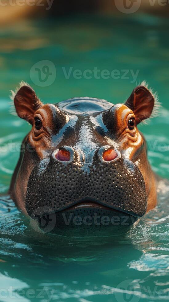 Hippopotamus swims in clear water during a sunny day at a wildlife sanctuary photo
