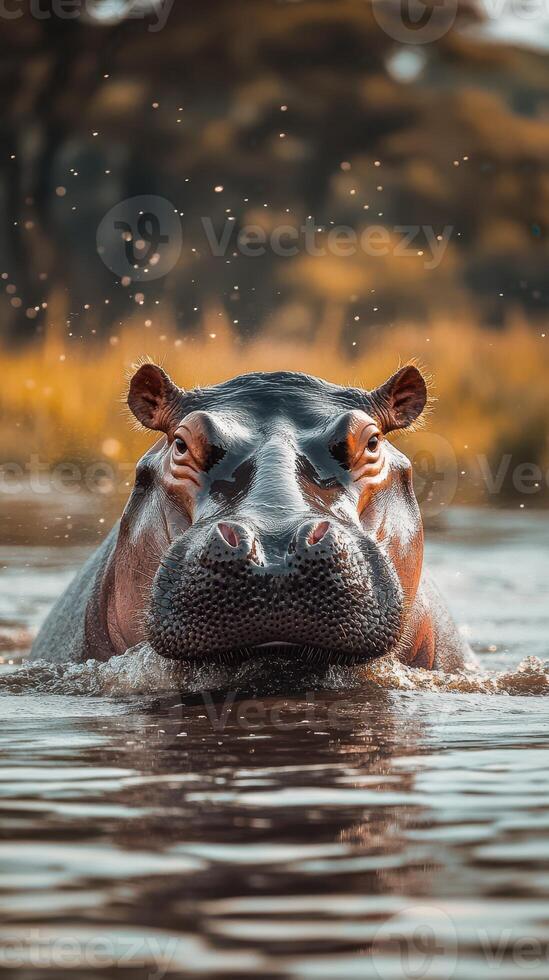 Hippo swimming in water at sunset, showcasing its large size and playful demeanor near the riverbank in Africa photo