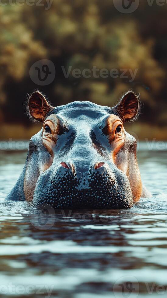 Hippo swimming in calm waters during golden hour near a lush background in a natural habitat photo