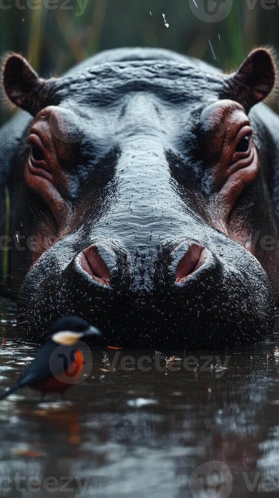 Close encounter with a hippo resting in the water while a small bird observes in a lush wetland during early morning hours photo