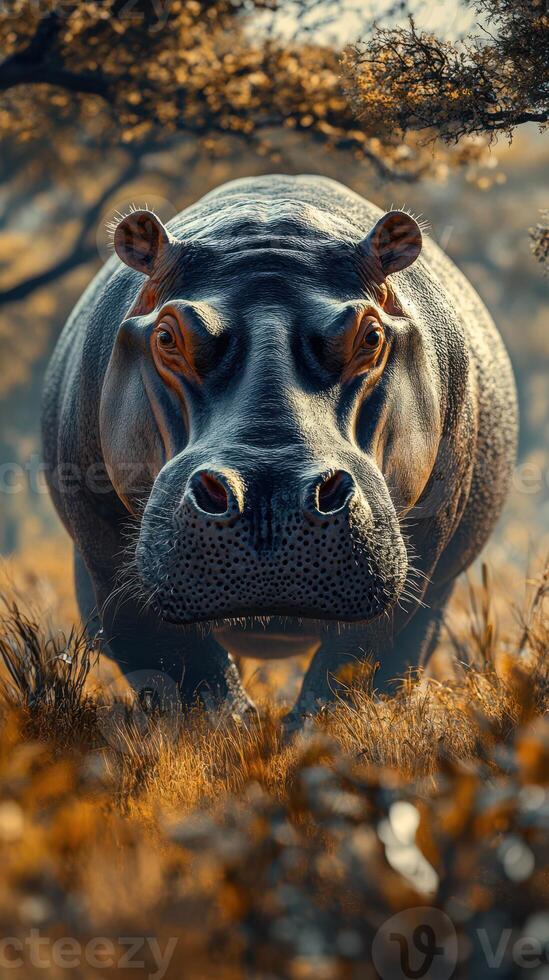 A close encounter with a majestic hippo in a sunlit savanna during golden hour, capturing its powerful presence and serene surroundings photo