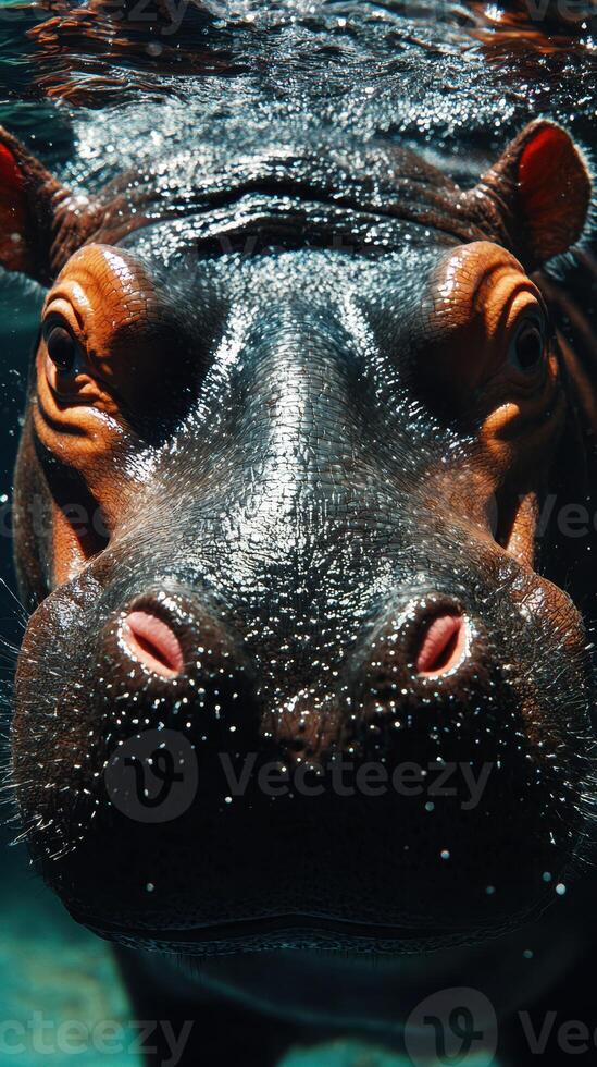 Close encounter with a hippo swimming underwater in a natural habitat during daylight hours photo