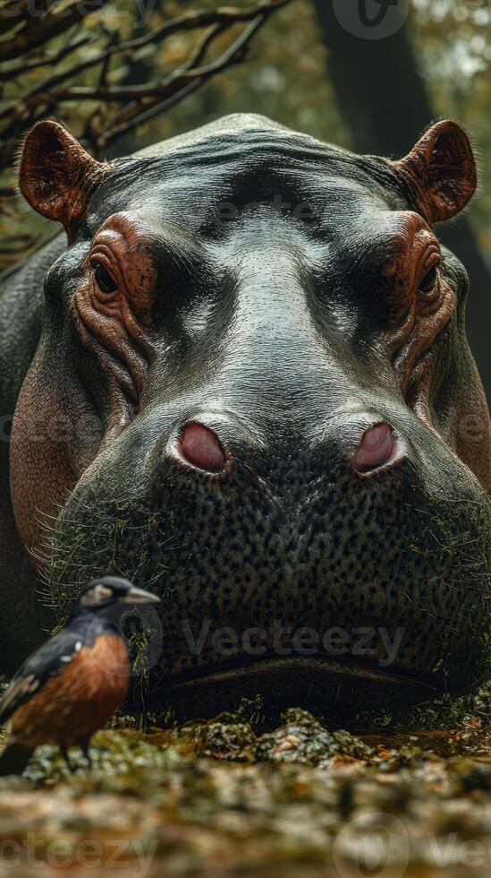 Large hippo relaxing near a small bird in a lush natural habitat during daytime photo