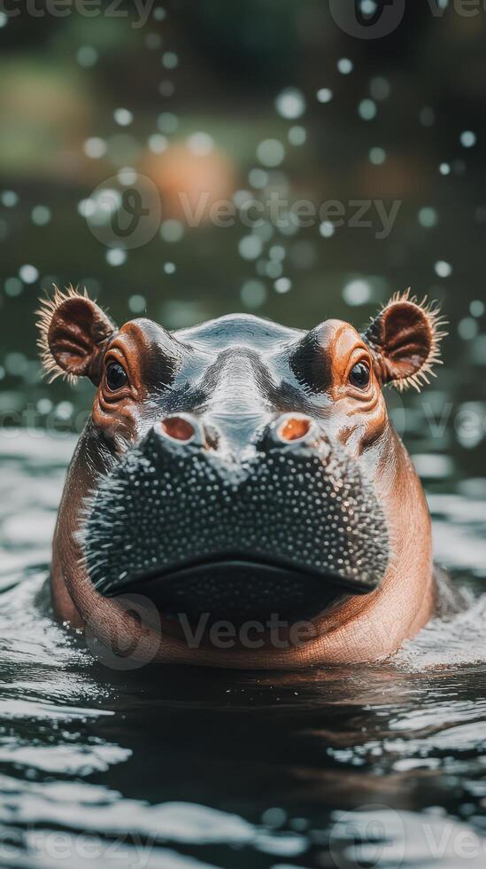 Hippo swims gracefully in tranquil waters surrounded by gentle splashes in a serene natural habitat photo
