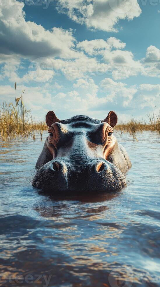 Hippo swimming in calm waters surrounded by tall grass under a clear sky in the late afternoon light photo