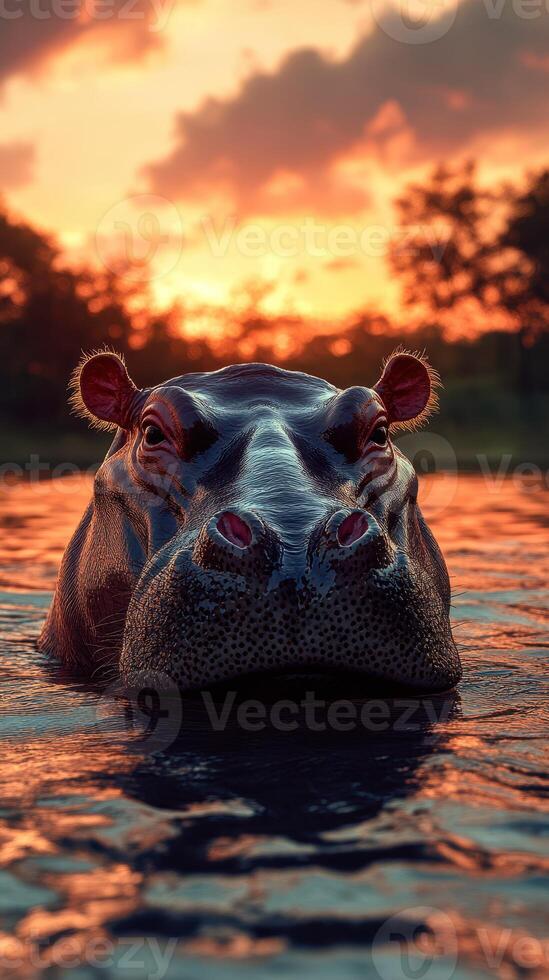 Hippopotamus in water at sunset creating a serene atmosphere in the wild photo