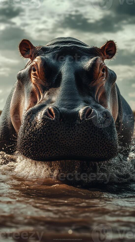 Hippo emerging from the water during golden hour in an African river landscape photo