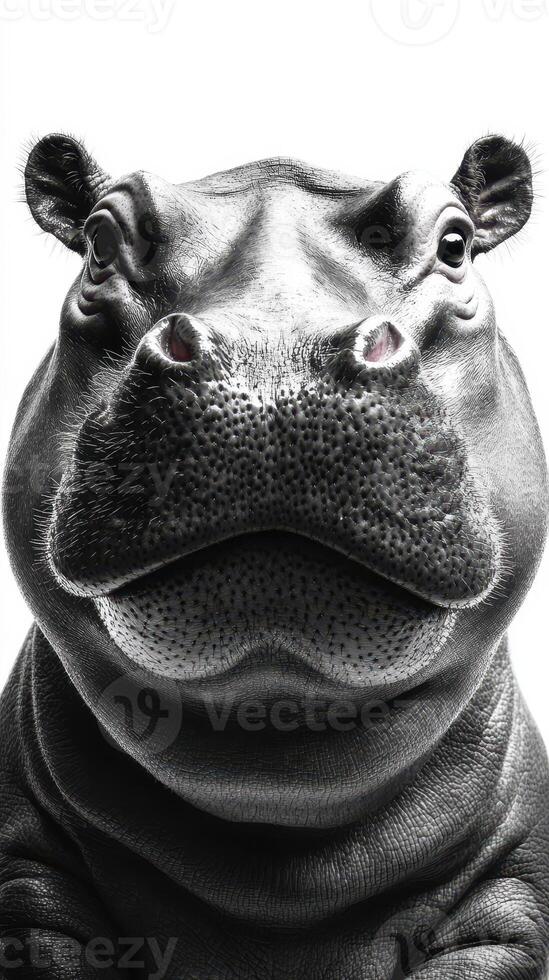 Hippo portrait showcasing unique features in black and white against a bright background photo
