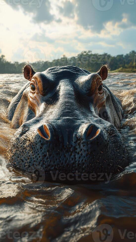 Hippo swimming in river water during golden hour at a natural habitat photo