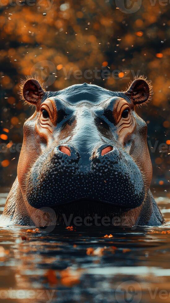 Hippo basking in warm sunlight while partially submerged in calm waters surrounded by autumn leaves photo