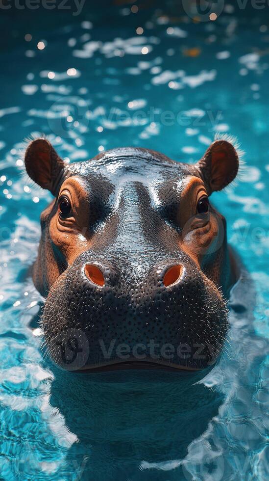 Large hippo floating in a tranquil pool during bright daylight near a tropical location photo