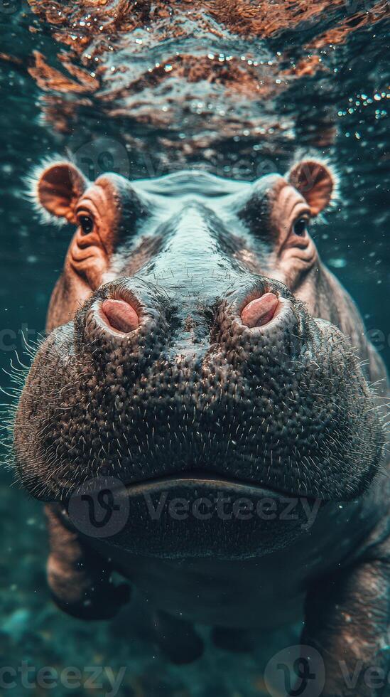 Majestic hippopotamus swims gracefully beneath the surface of clear water in natural habitat during daylight hours photo