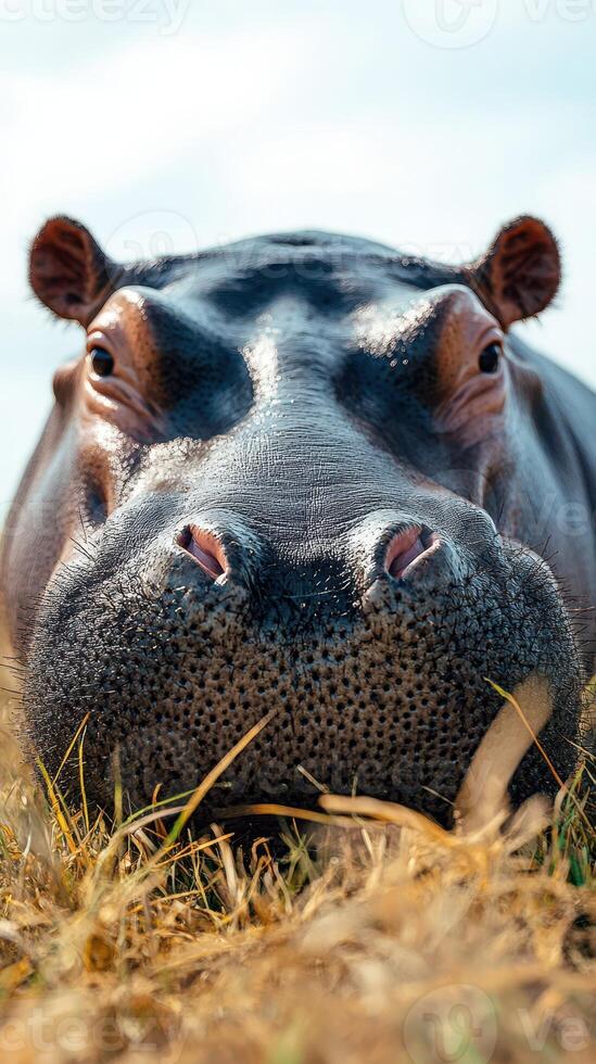Hippo resting in the grassland during a sunny afternoon in a wildlife reserve photo