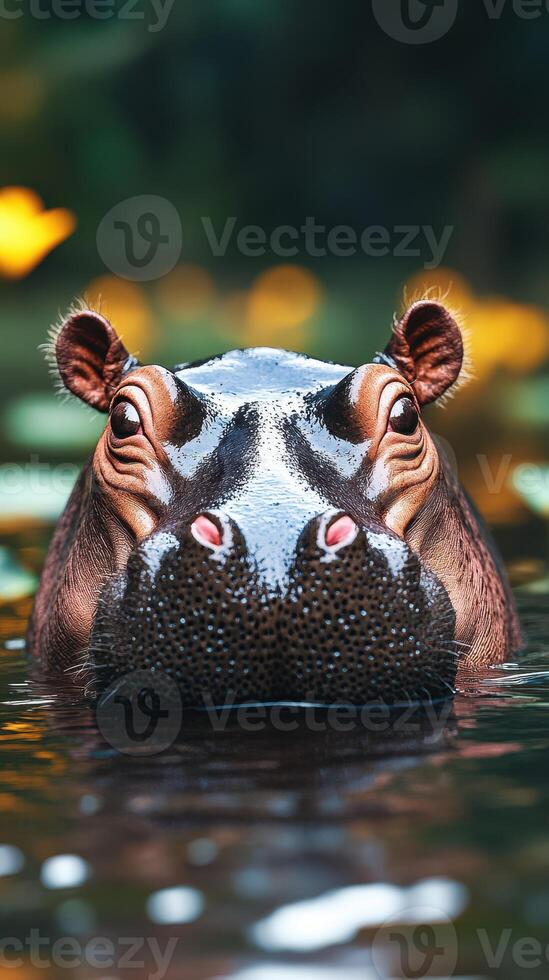Close-up of a hippo's face emerging from peaceful water surrounded by lily pads in a lush environment at midday photo