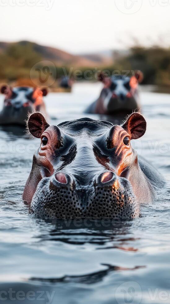 Hippopotamuses swimming in a tranquil river at sunset, showcasing their playful nature and social behavior in the wild photo