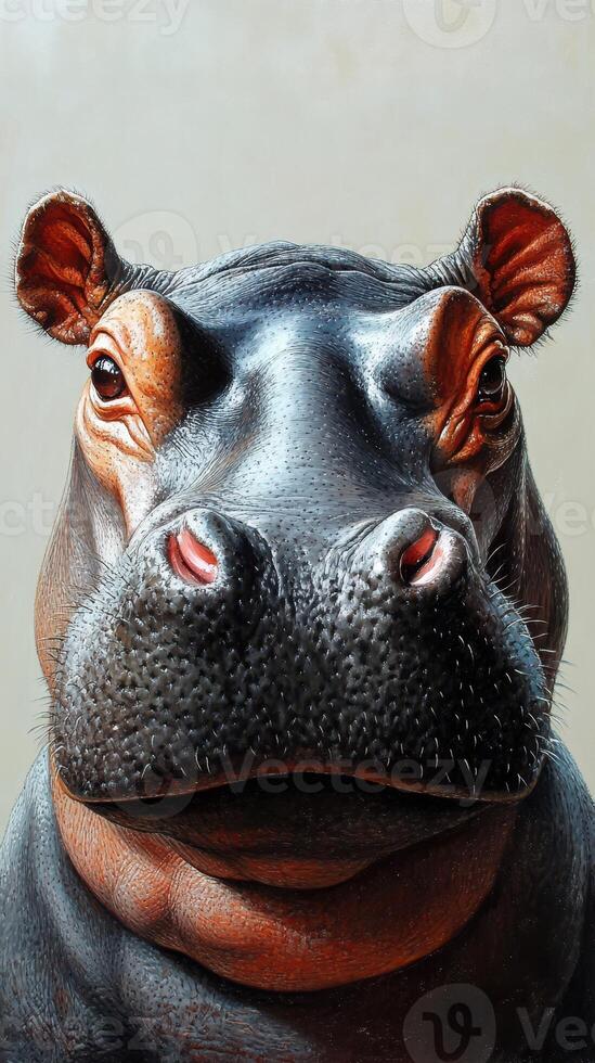 Hippo portrait showcasing intricate details of its facial features set against a neutral background photo