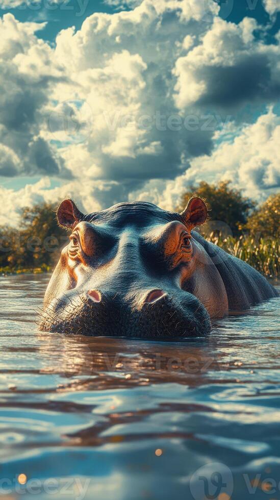 Hippo in a serene river setting under a bright sky during midday hours photo
