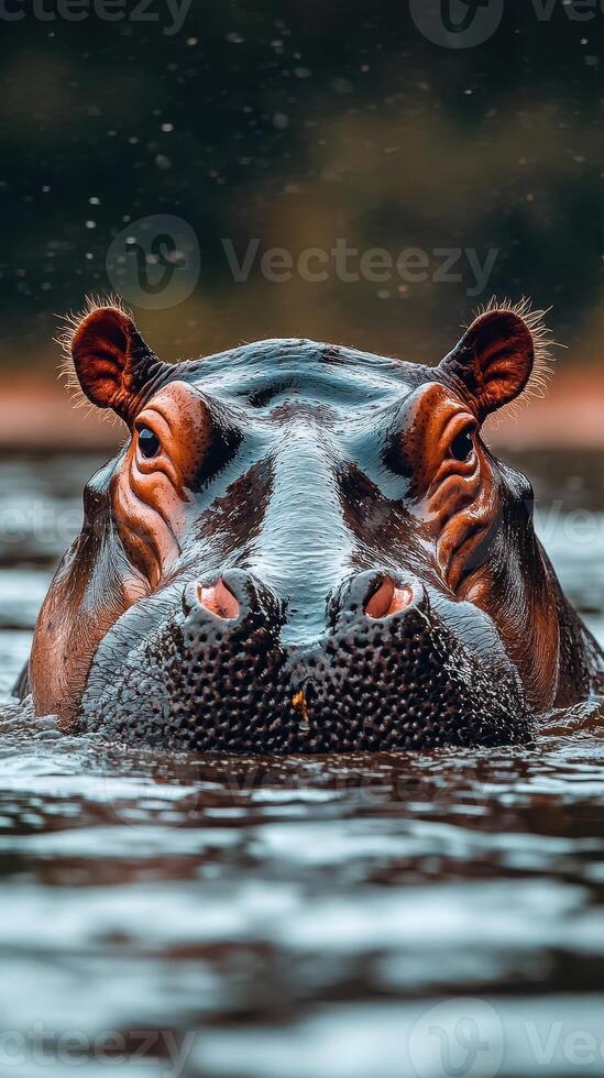 Hippo emerging from water in a serene river setting during late afternoon photo