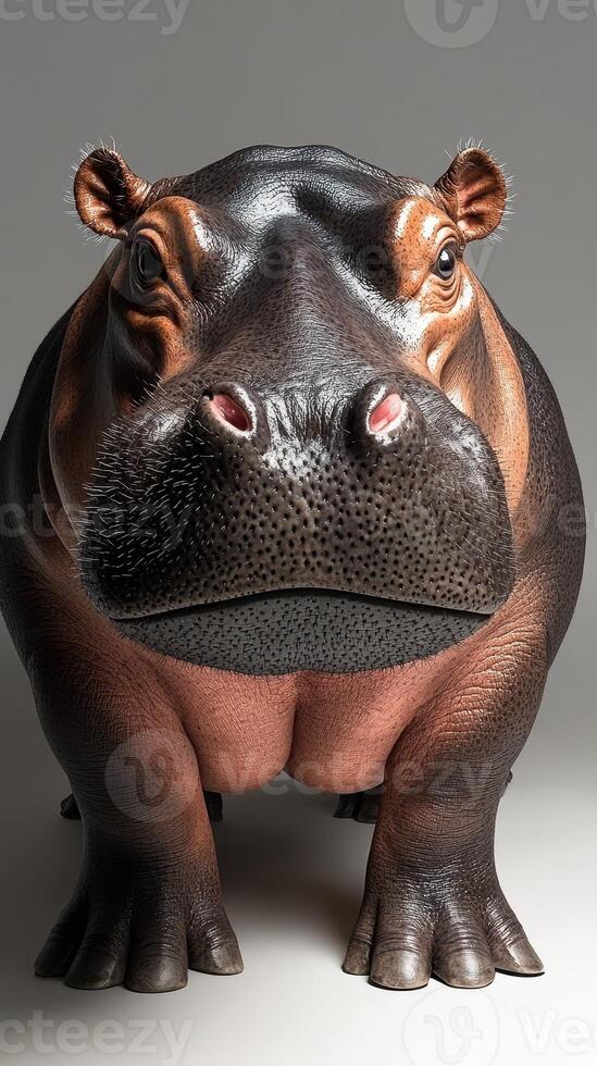 Realistic depiction of a hippopotamus showcasing its large size and distinctive features in a studio setting photo
