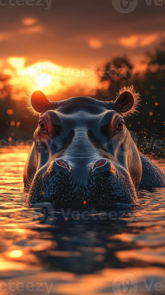 Hippo emerges from the water at sunset, creating ripples with its presence in a serene natural landscape photo