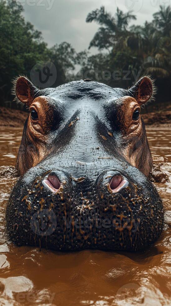Hippo emerges from muddy water in a lush natural habitat during a cloudy day photo
