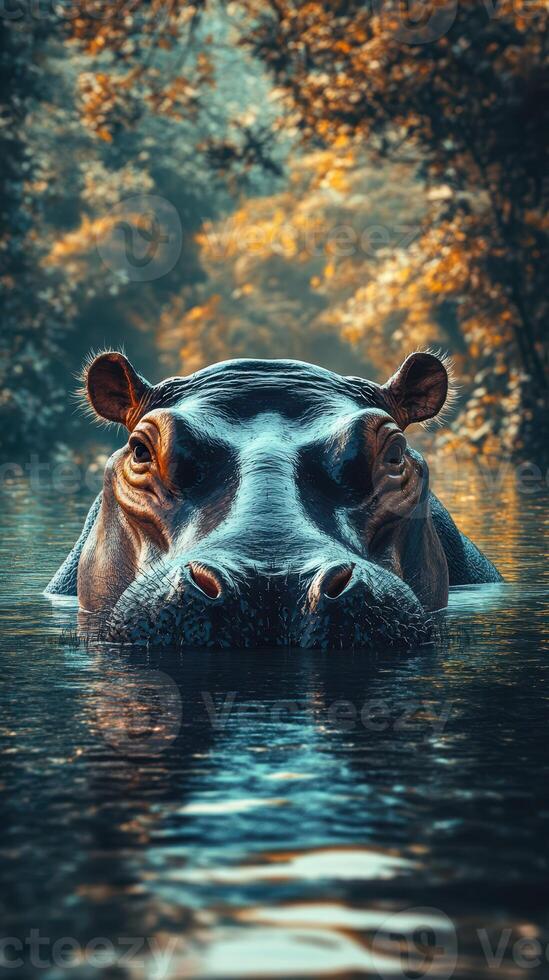 Hippo swims in a serene river surrounded by autumn foliage during a peaceful afternoon photo