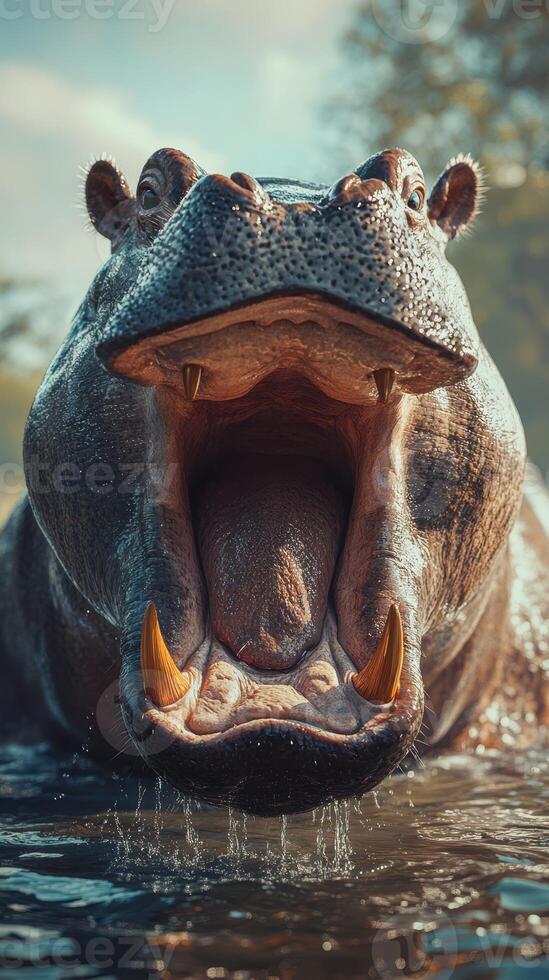 Hippo opens its mouth wide while basking in the calm waters of a tranquil river during the golden hour photo