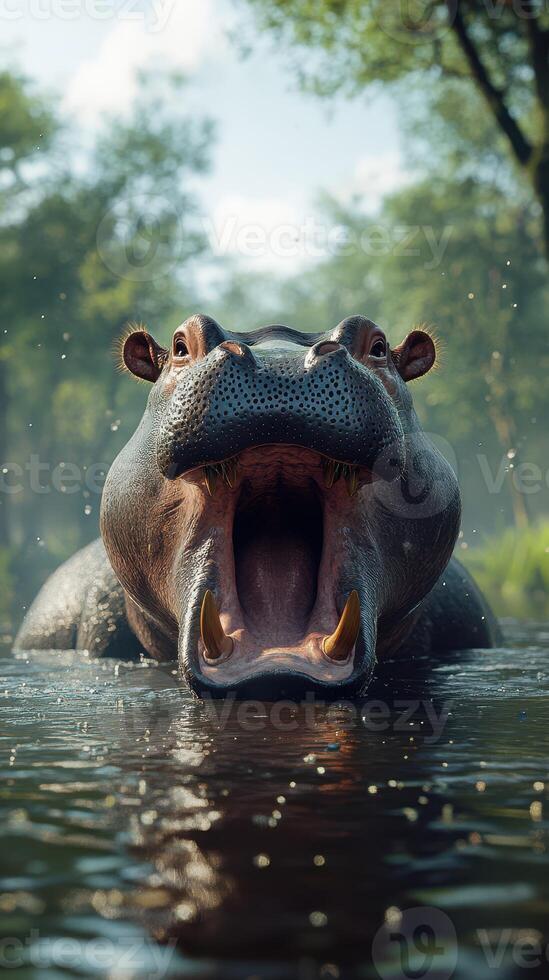 Hippo yawning while submerged in calm river water surrounded by lush vegetation in the early morning light photo