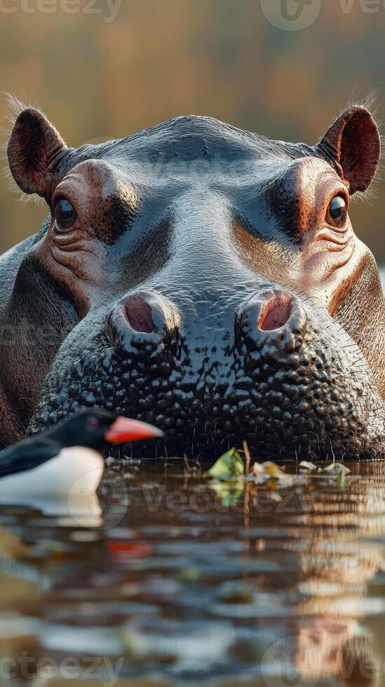 Large hippopotamus observed in a tranquil water setting with a bird nearby during the golden hour photo