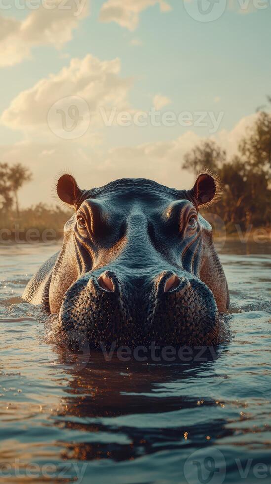 Hippo swimming in a tranquil river at sunset surrounded by lush vegetation and soft golden light photo