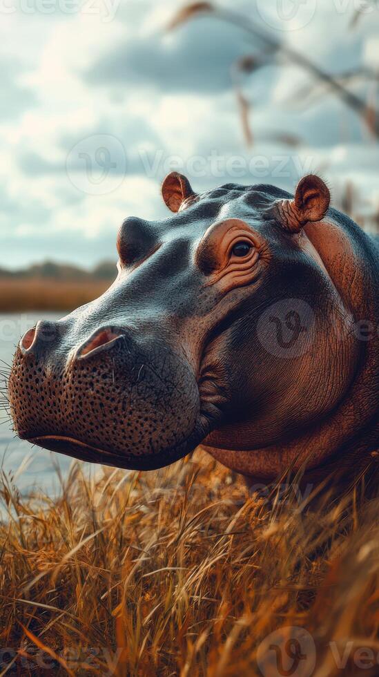Hippo relaxing by the riverbank during a calm afternoon in a serene natural habitat photo