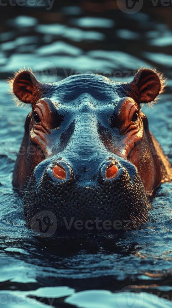 Close view of a hippo swimming in a river during golden hour light in the wild photo