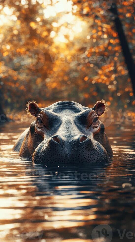 Hippopotamus swimming in tranquil waters surrounded by autumn foliage in a serene environment photo