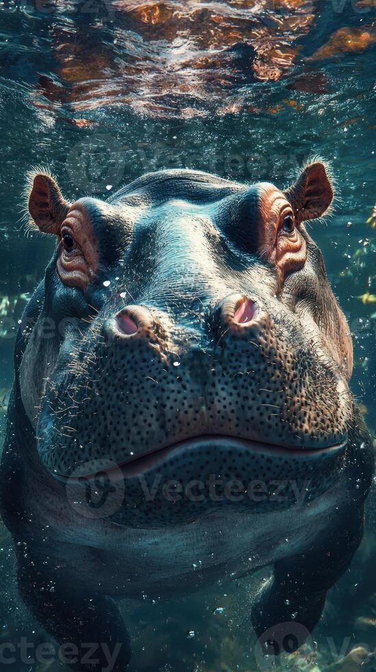 Hippo swims underwater in serene aquatic environment showcasing its massive features and playful nature photo