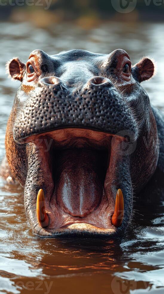 Hippo opens mouth in a serene river during golden hour showcasing its unique features and vibrant environment photo